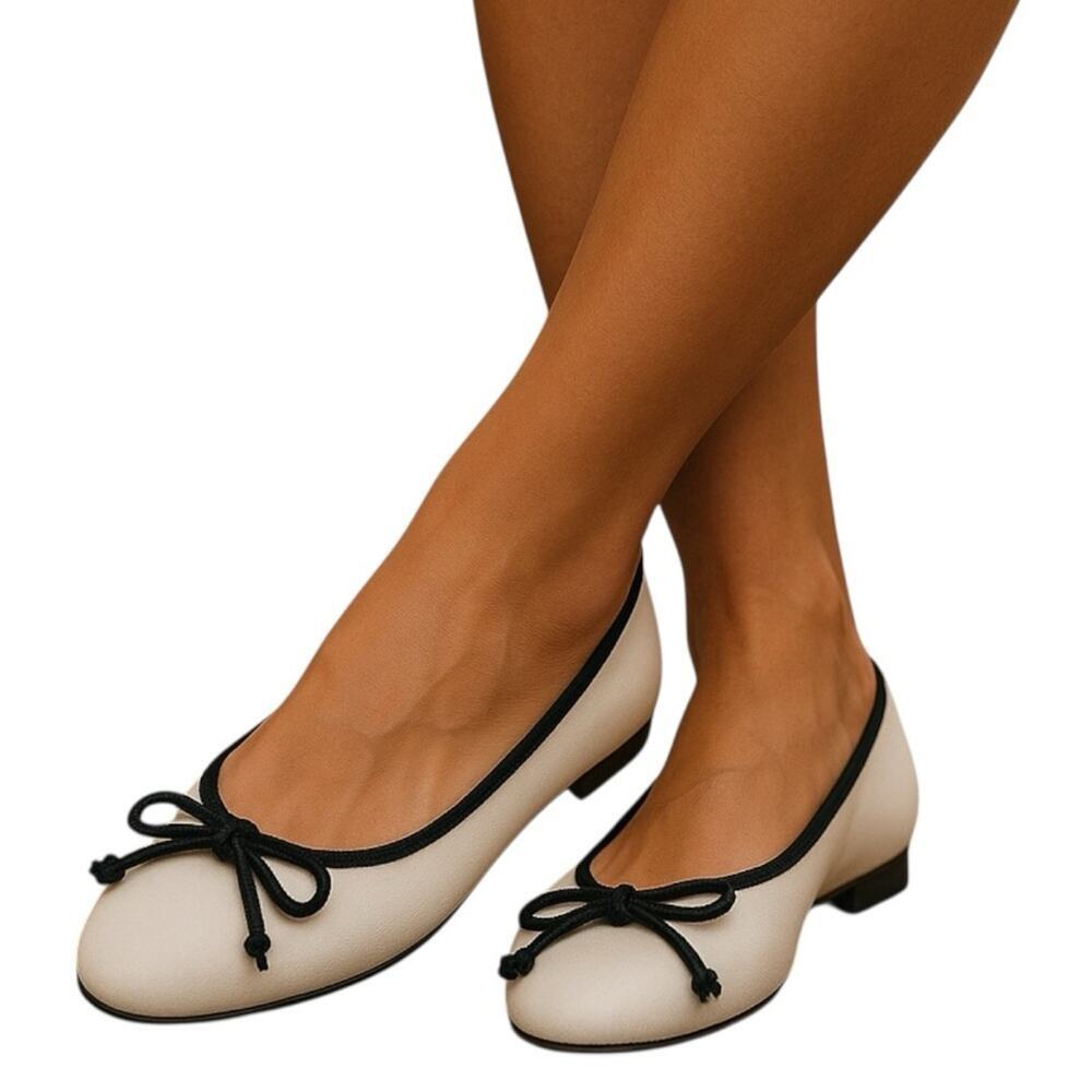 Ruby Label Leather Ballet Flats 9 Cream Black Almond Toe Quiet Luxury NWOT